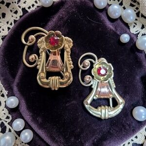 Set OfVintage Iskin Brooch Art Deco Gold Filled Red stone Signed Pin 1/20 12 KGF